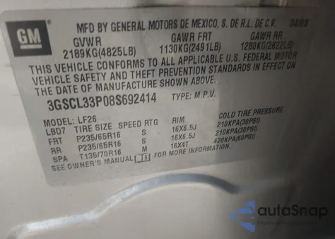 2008 Saturn Vue 4-Cyl Xe из США, поврежденный, VIN 3GSCL33P08S692414